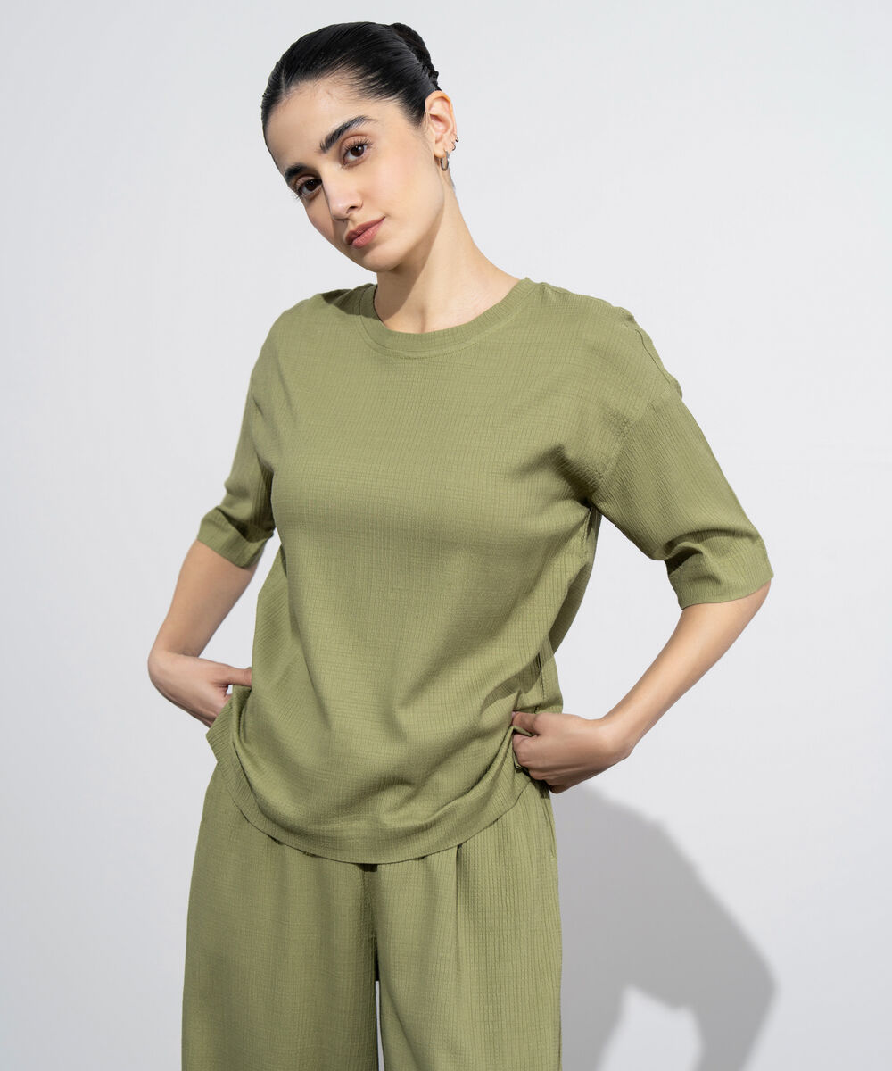 Women's Western Wear Green Seesucker Short Sleeve Top