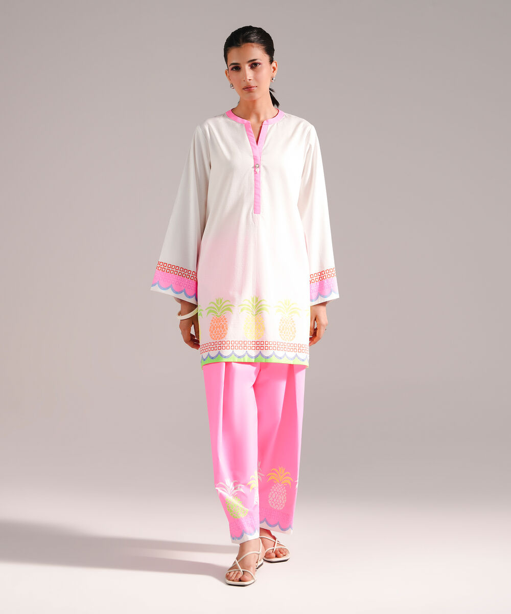 Women's RTW Dobby Printed White 2 Piece Suit