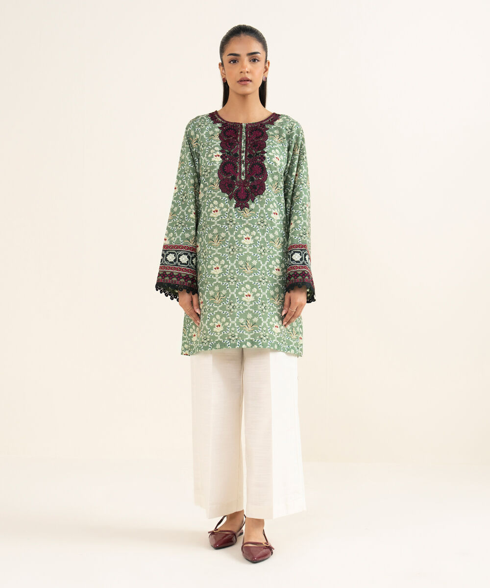 Women's RTW Khaddar Embroidered Green Straight Shirt