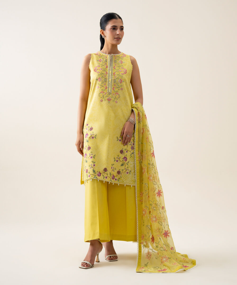 Women's Unstitched Blended Chiffon Printed Muted Olive Green 3 Piece Suit