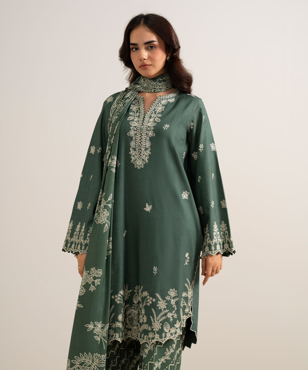 Women's Unstitched Embroidered Linen Green 3 Piece Suit