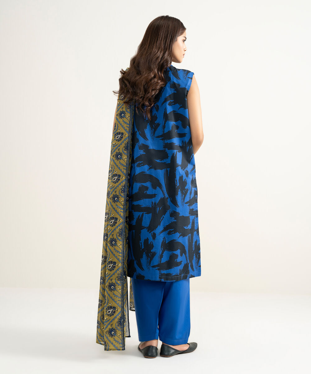 Women's RTW Cambric Printed Blue 3 Piece Suit