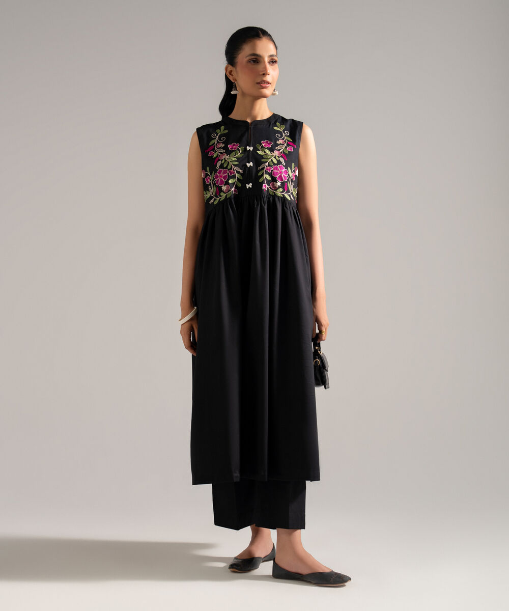Women's RTW Dobby Embroidered Black Dress Shirt