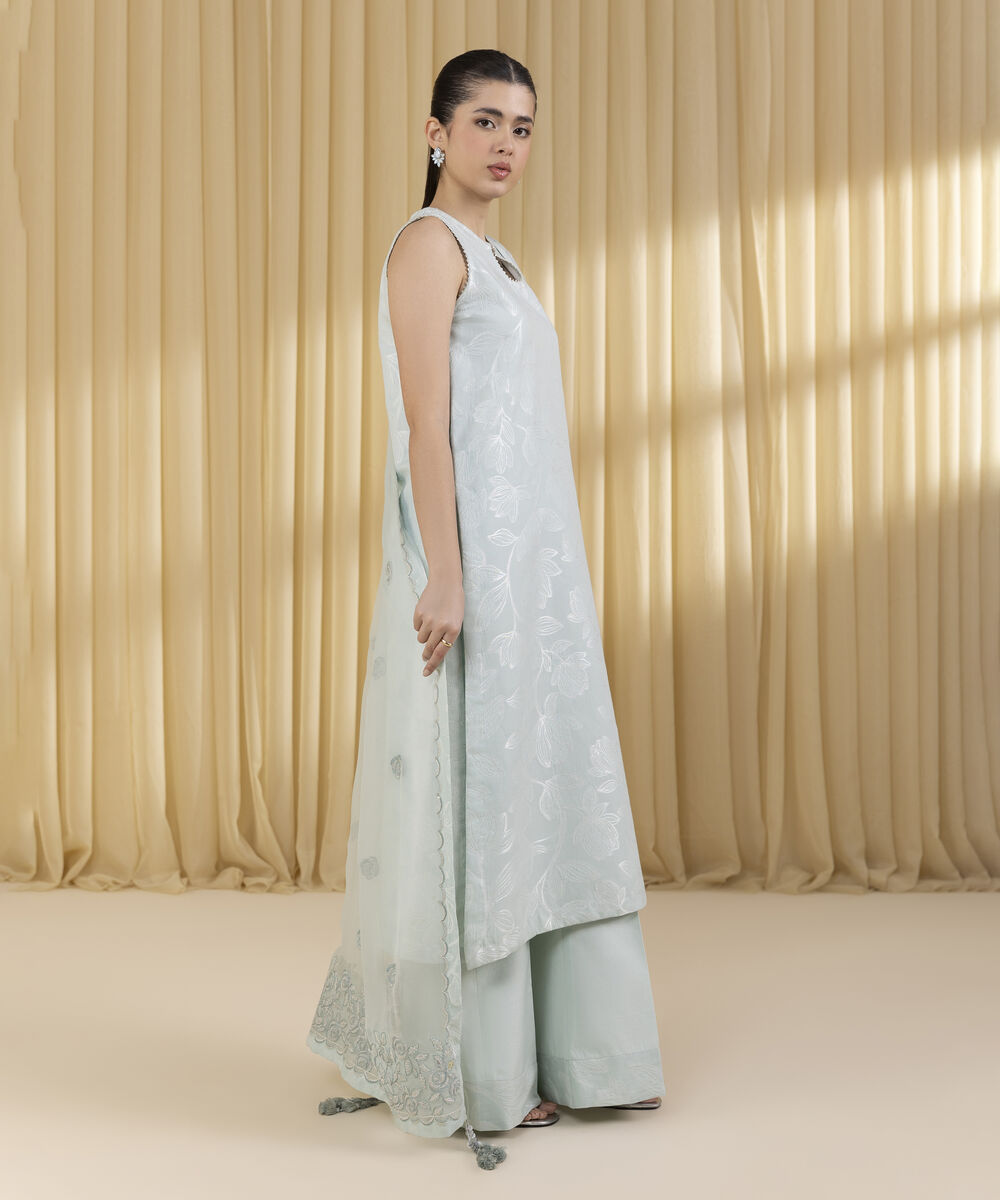 Unstitched Women's Blue Extra Weft Jacquard 3 Piece Suit