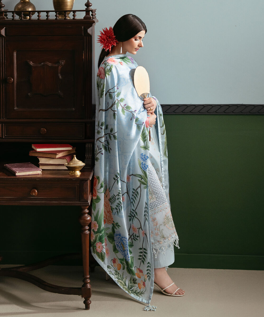 Women's Unstitched Lawn Embroidered Blue 3 Piece Suit
