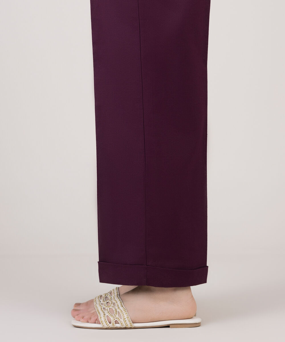 Women's RTW Cotton Linen Purple Solid Straight Pants