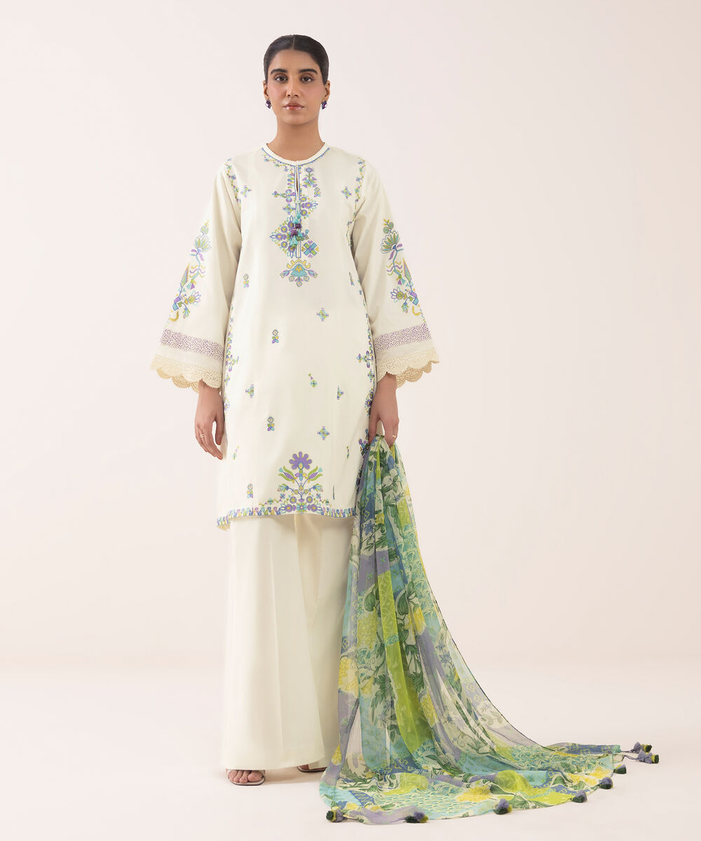 Women's Unstitched Textured Lawn Embroidered Off White 3 Piece Suit