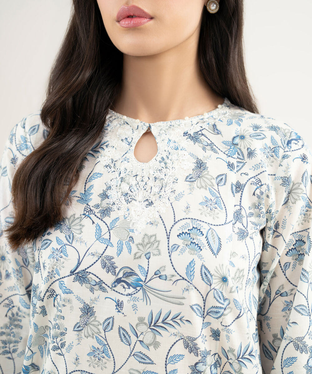Women's RTW Slub Lawn Embroidered White A-Line Shirt