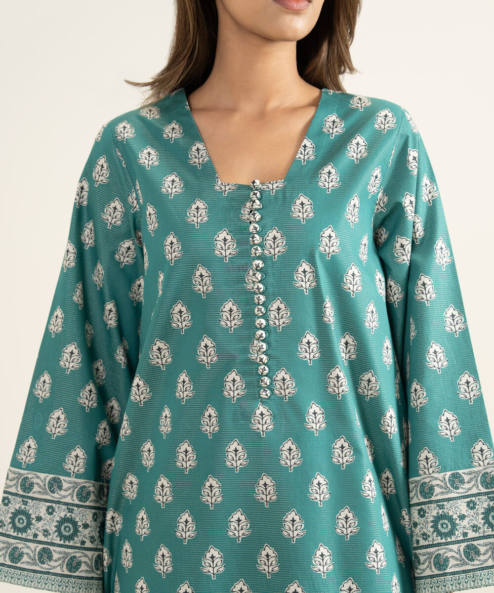 Women's Unstitched Zari Lawn Printed Green 3 Piece Suit