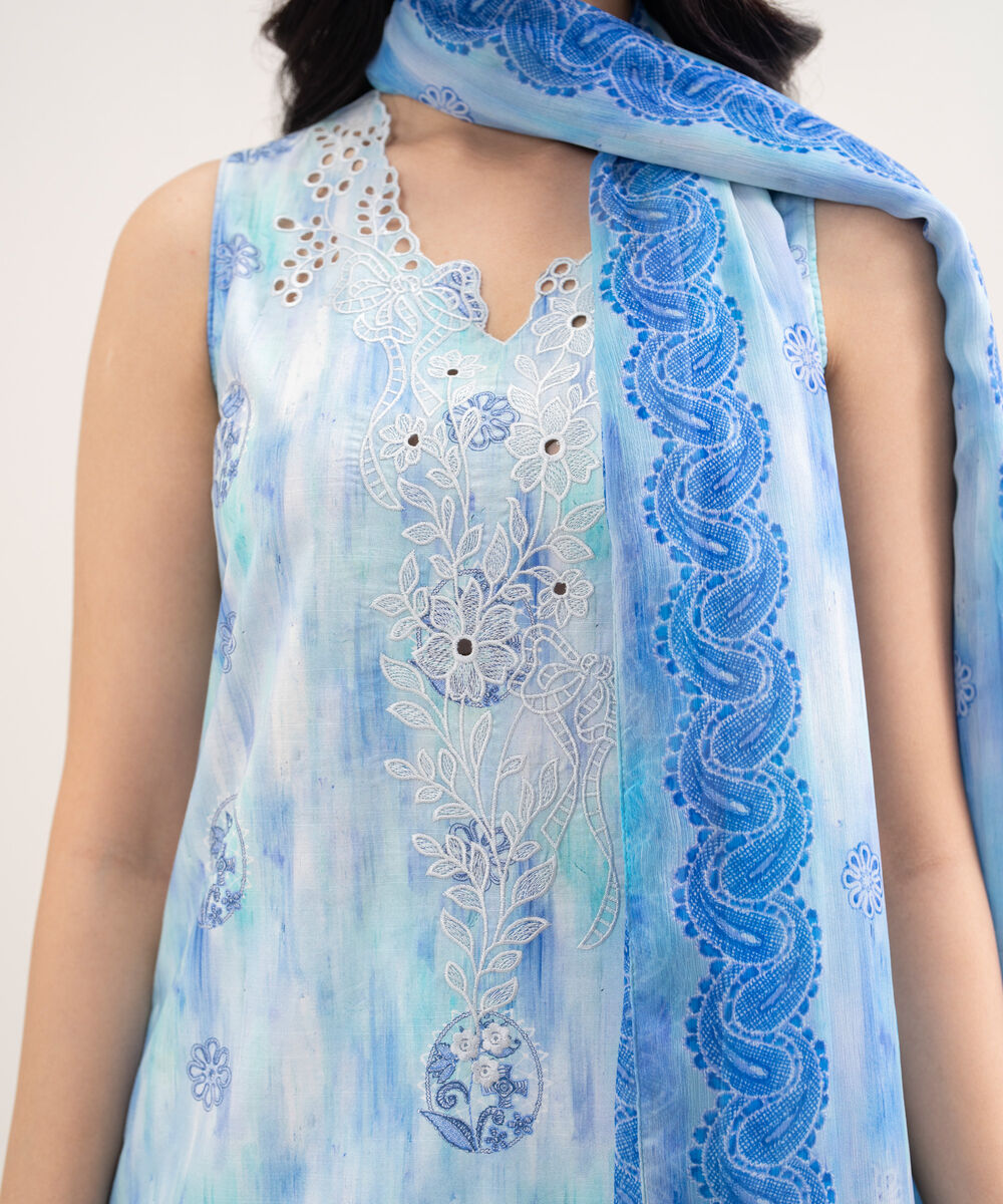 Women's Unstitched Lawn Embroidered Blue 3 Piece Suit