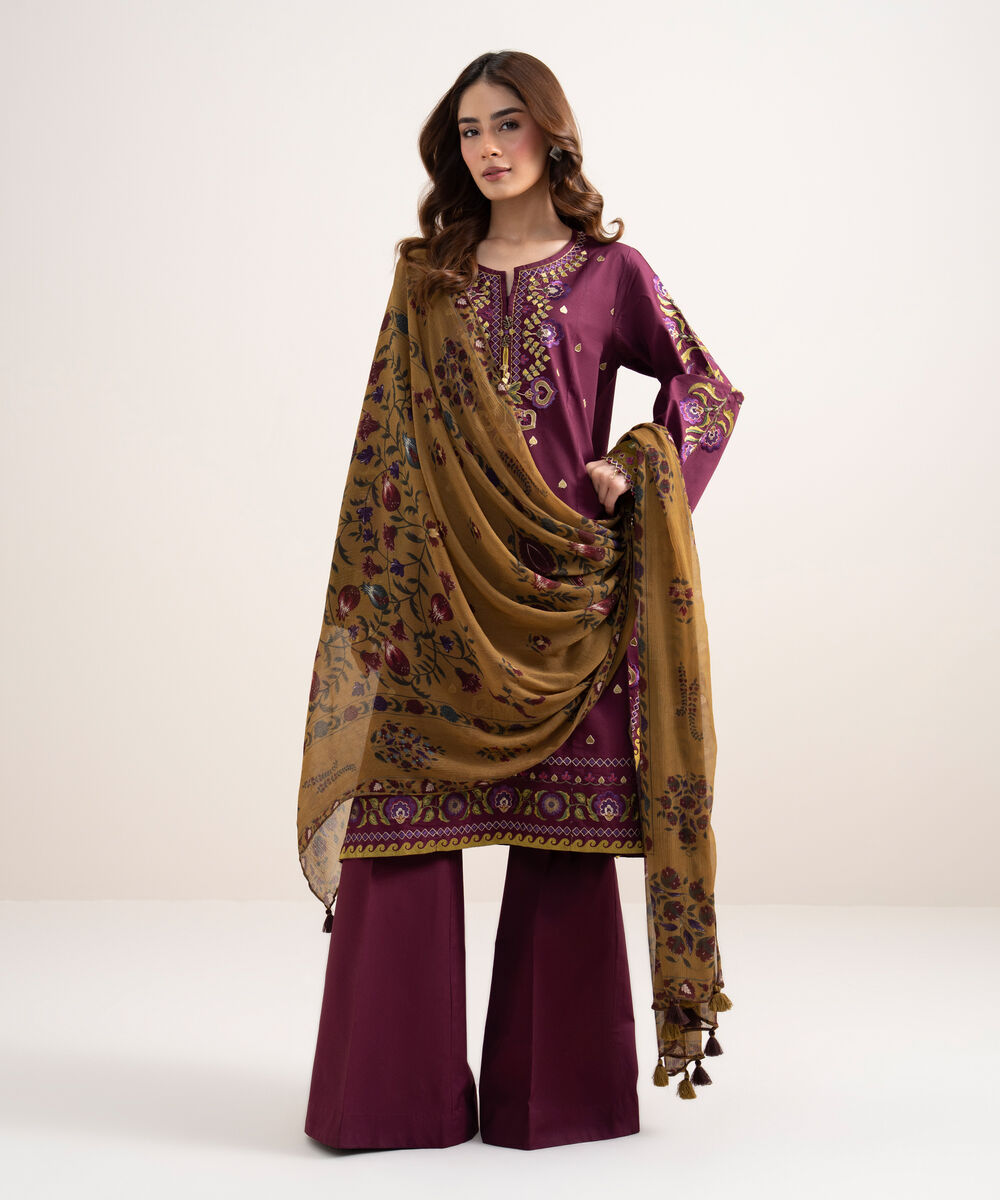 Women's Unstitched Dobby Embroidered Pink 3 Piece Suit