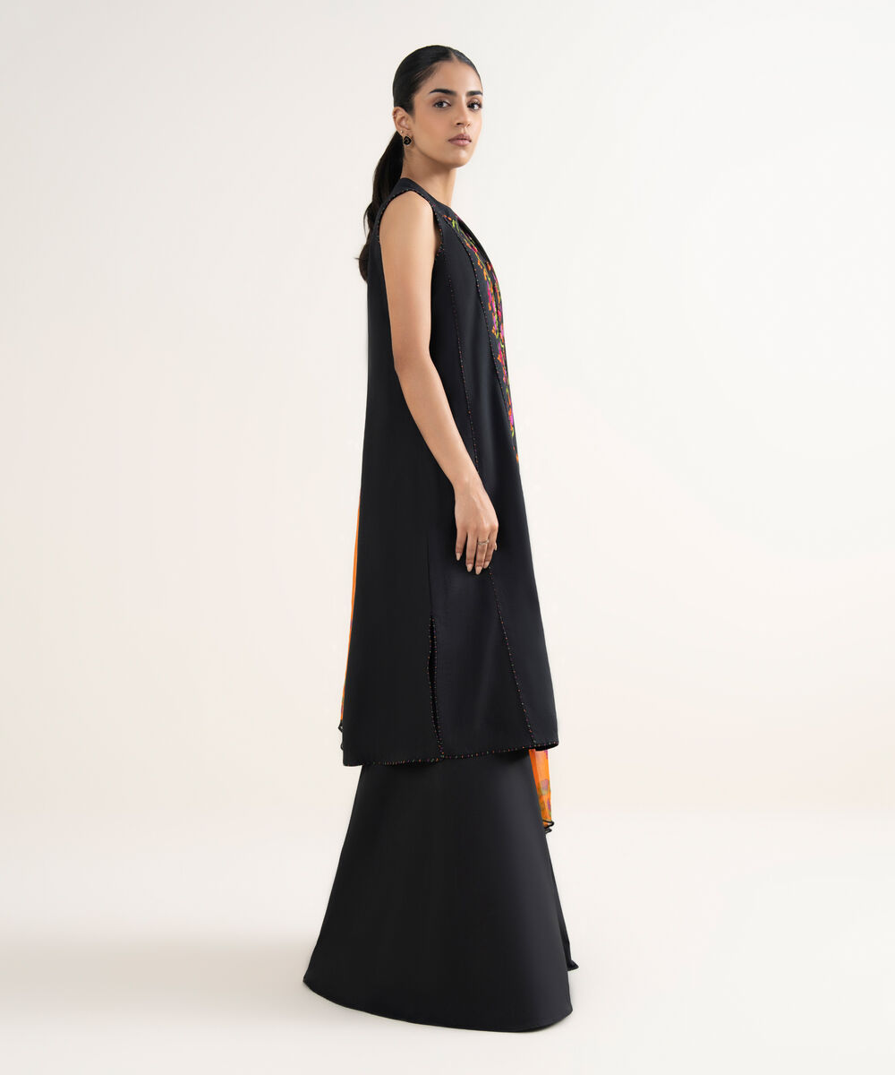 Women's Unstitched Cotton Viscose Embroidered Black 3 Piece Suit