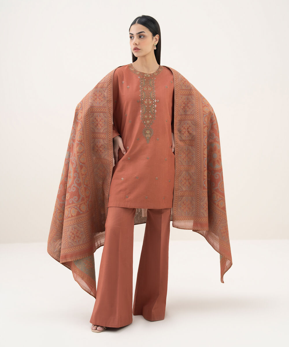 Women's Unstitched Cotton Embroidered Brown 3 Piece Suit