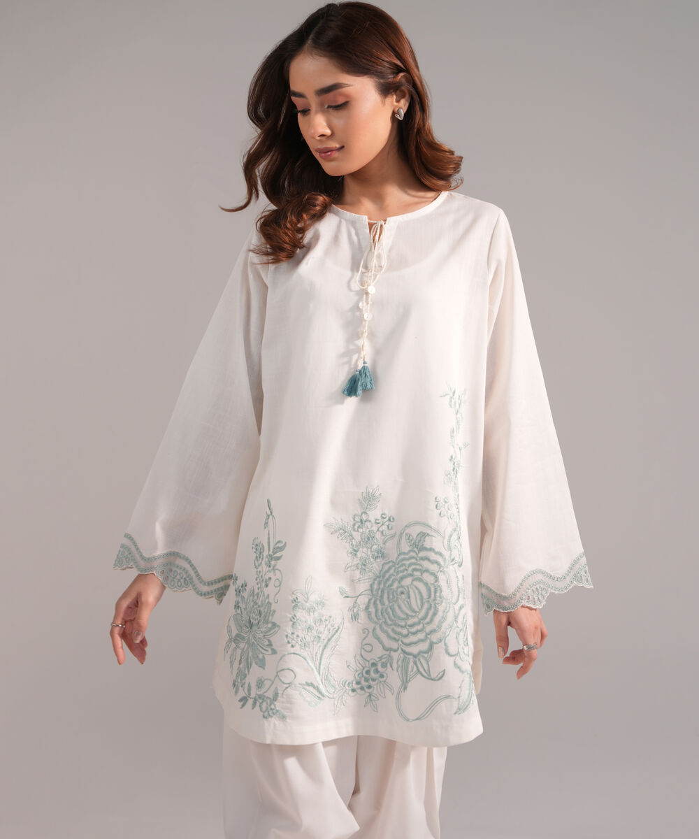 Women's RTW Crosshatch Embroidered Off White Straight Shirt