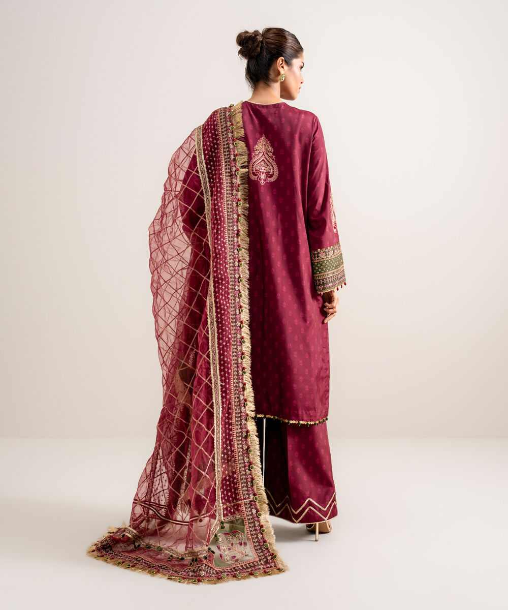 Women's Unstitched Printed Blended Grip Silk Plum 3 Piece Suit