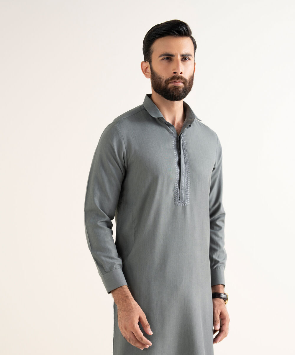 Men's Premium Wash And Wear Embroidered Grey Kameez Shalwar