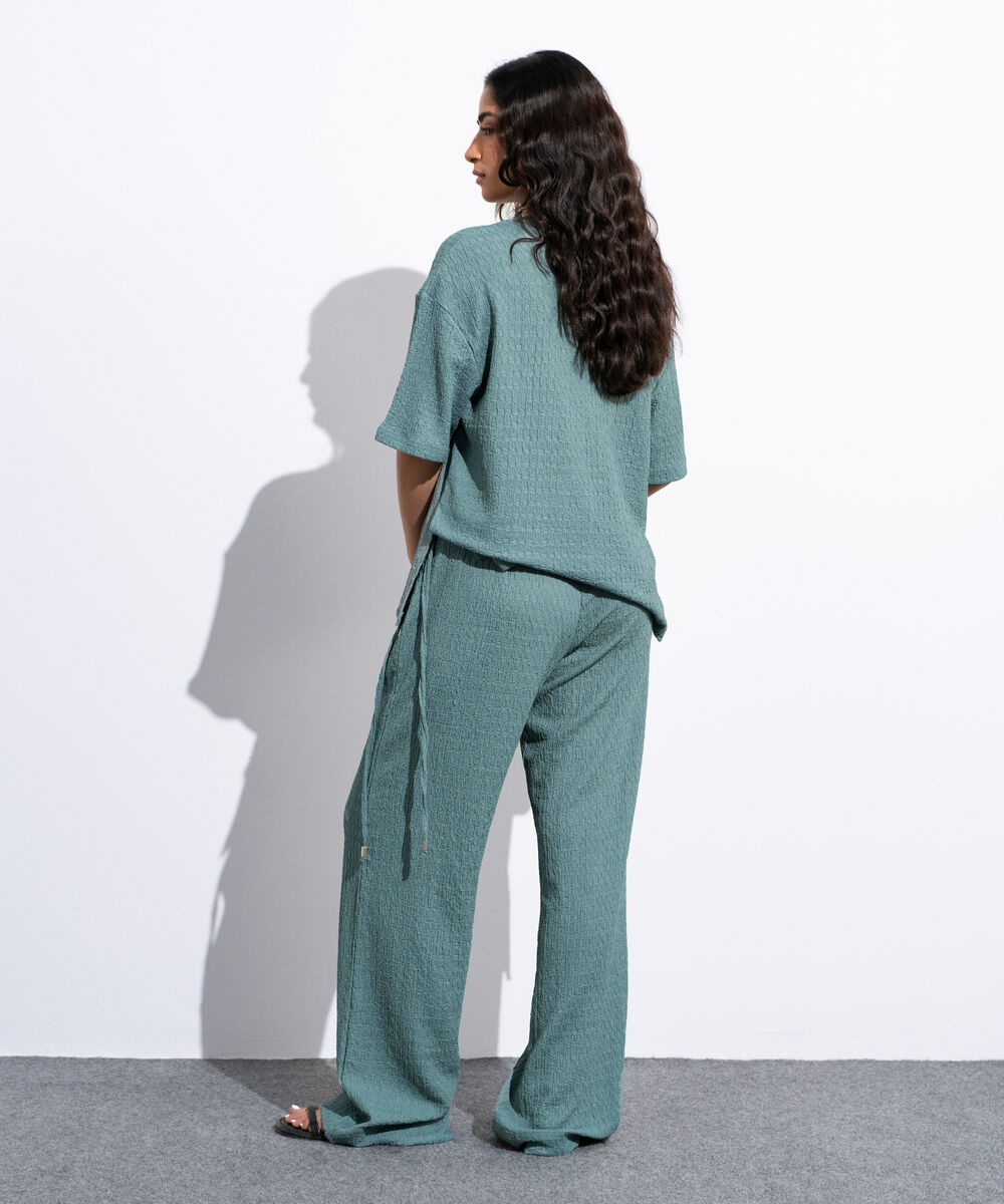 Women's Teal Green Pull-On  Textured Trousers With Tie Detail