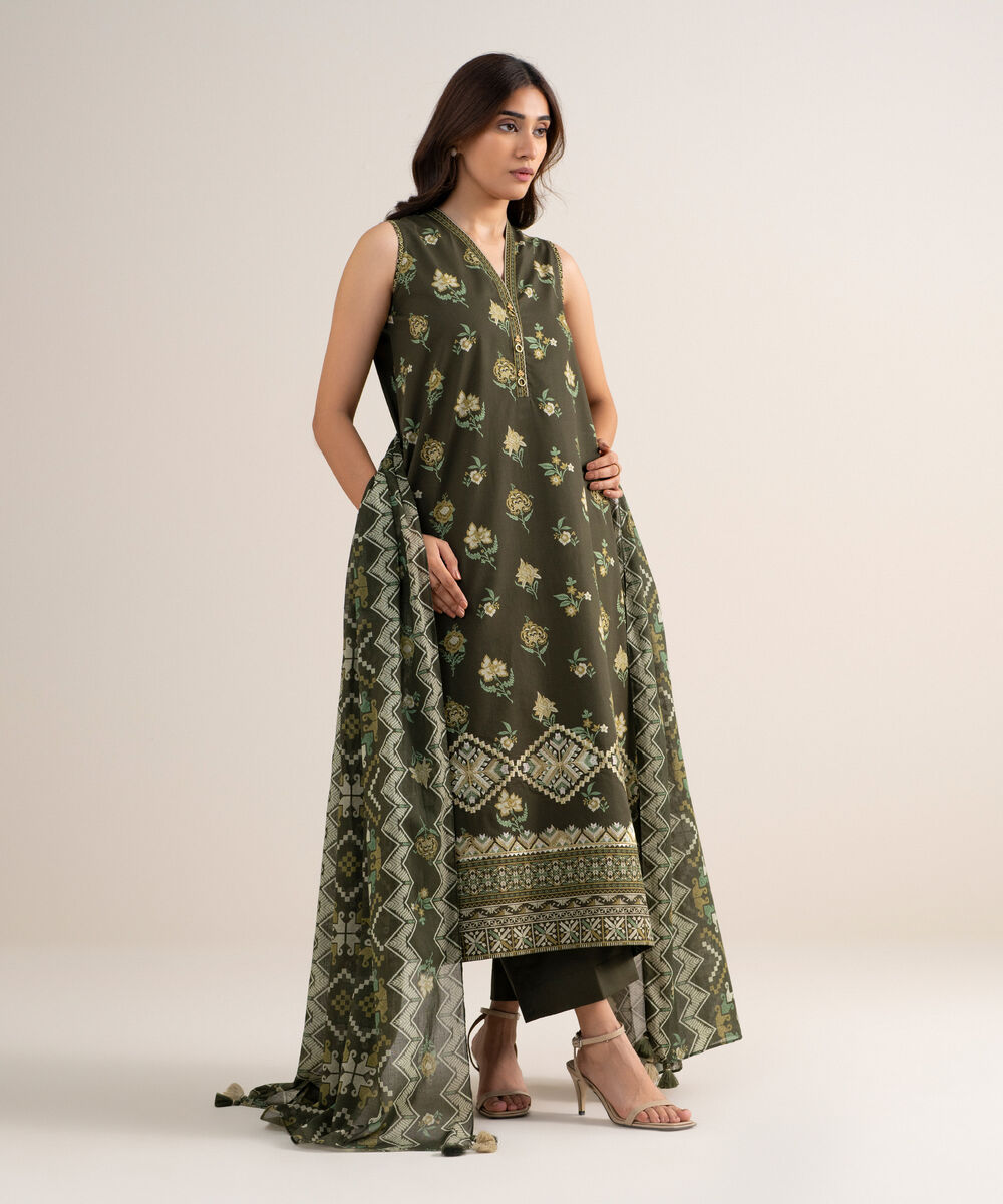 Women's Unstitched Cotton Embroidered Green 3 Piece Suit