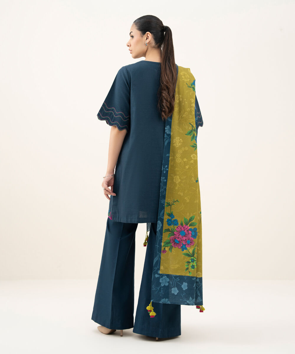 Women's Unstitched Embroidered Khaddar Teal Blue 3 Piece Suit