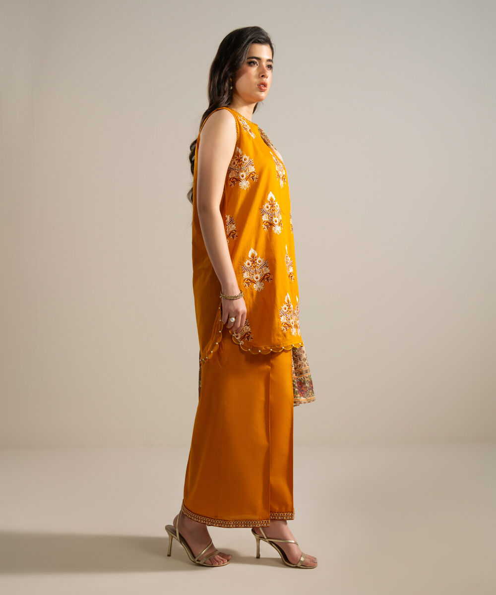 Women's RTW Dobby Embroidered Beige 3 Piece Suit