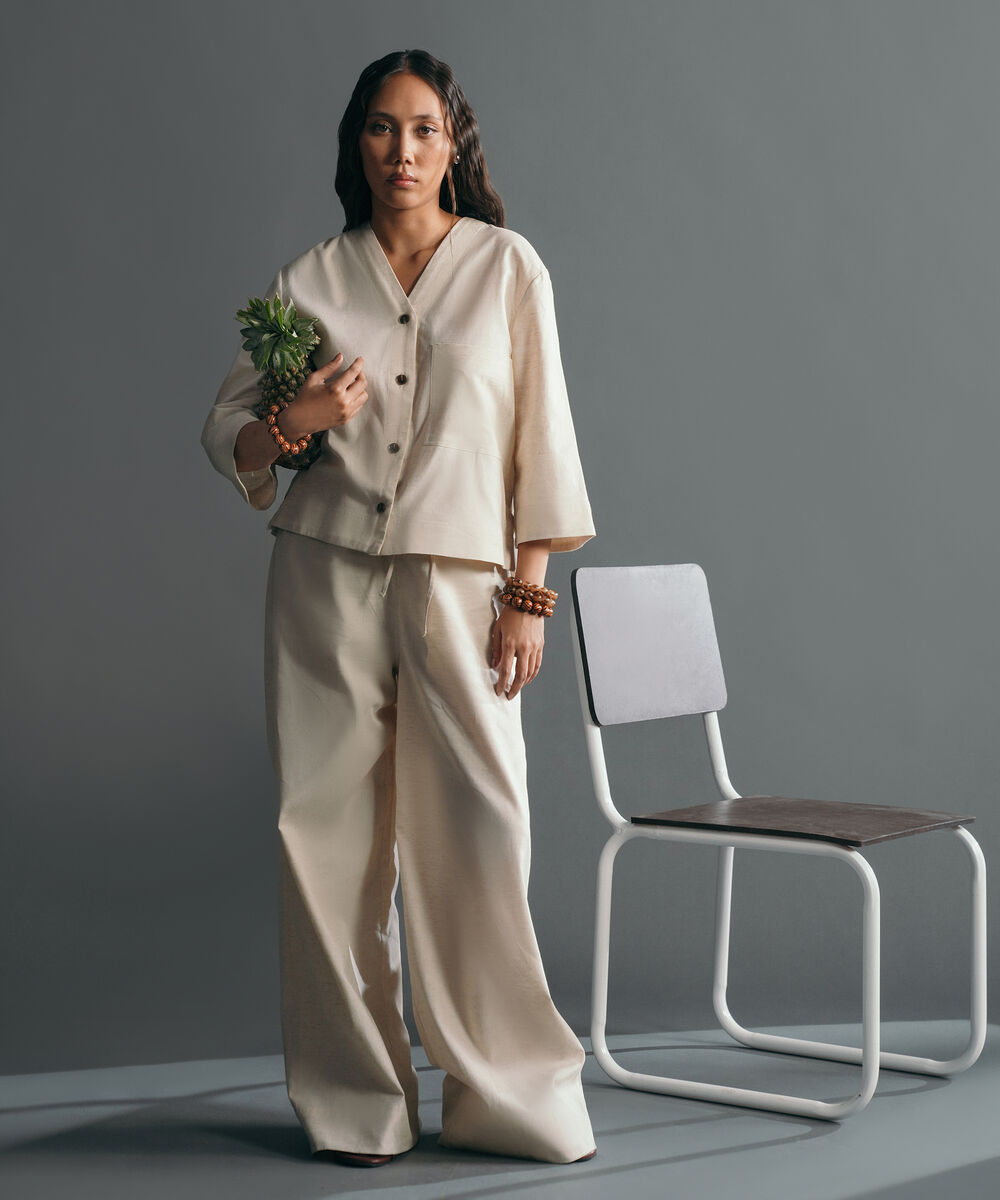 Women's Western Wear Beige V-Neck Linen Blend Shirt