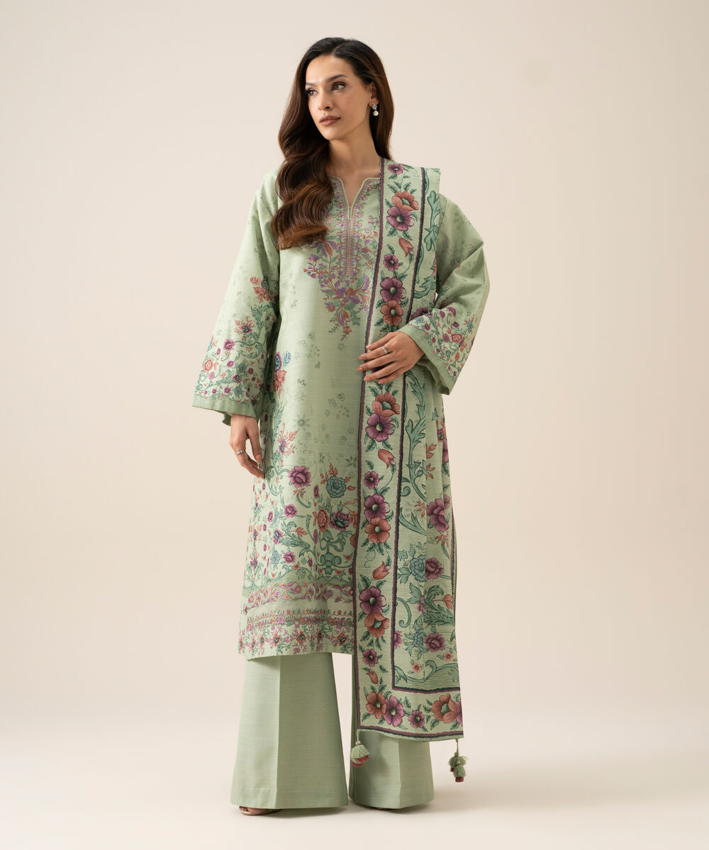 Women's Unstitched Light Khaddar Embroidered Mint Green 3 Piece Suit