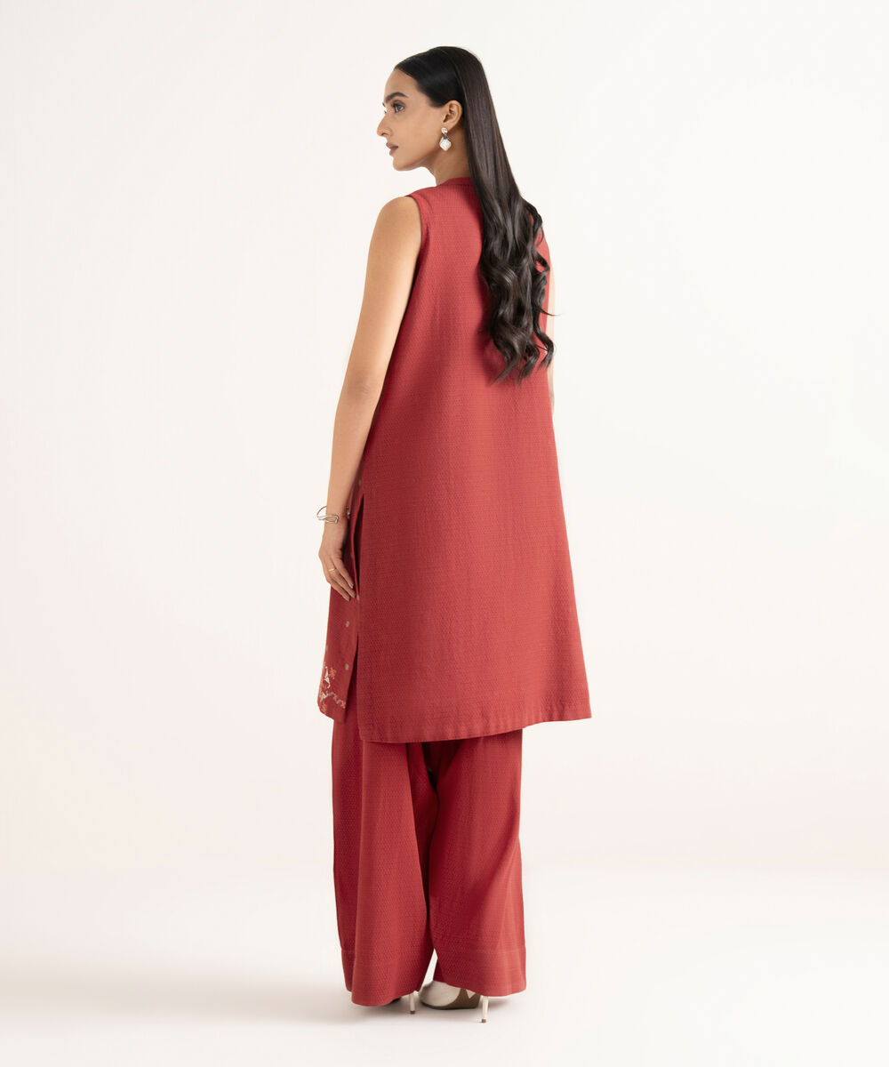 Women's Unstitched Dobby Embroidered Red  2 Piece Suit