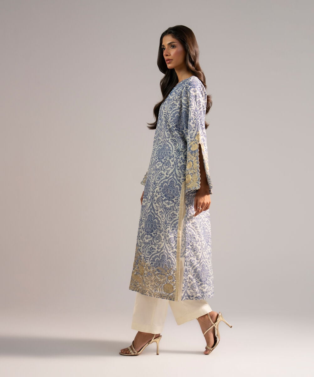 Women's RTW Zari Lawn Embroidered White A-Line Shirt