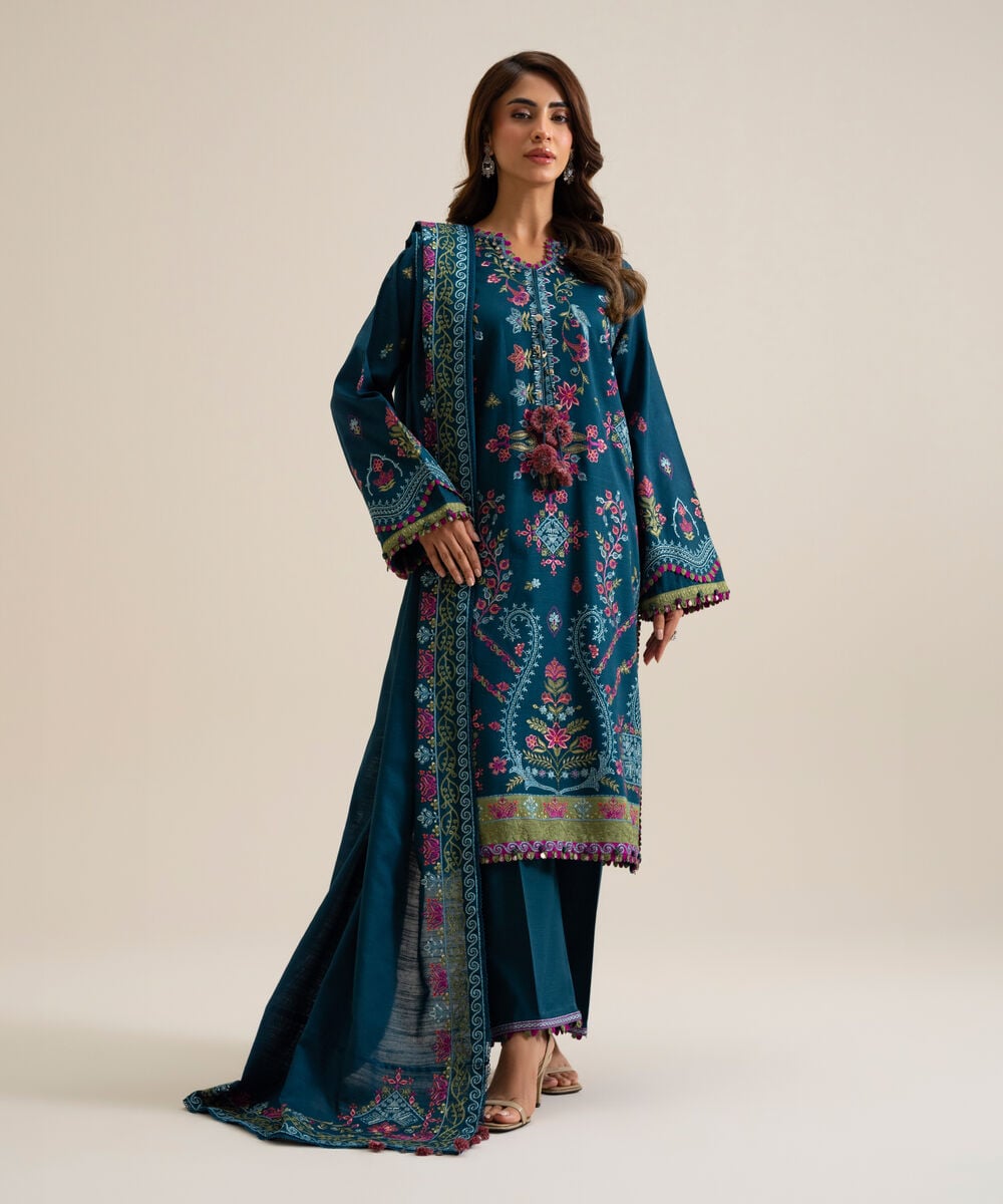 Womens Unstitched Basic Khaddar Embroidered Blue 3 Piece Suit