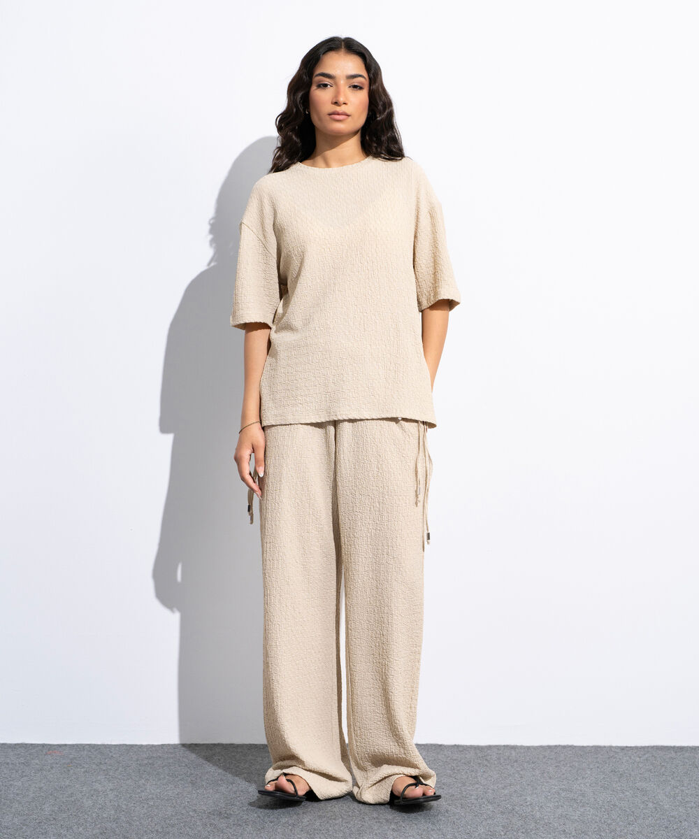 Women's Beige Loose Fit Textured T-Shirt