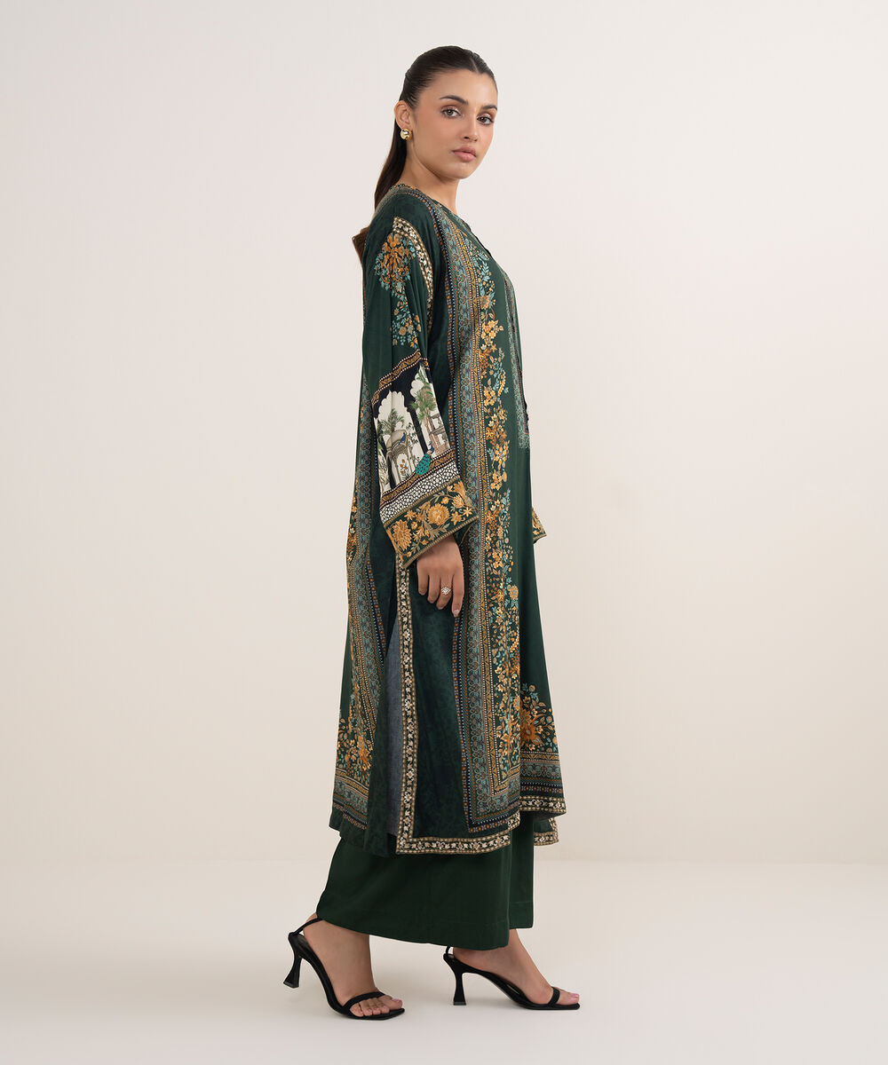 Women's RTW Arabic Lawn Green Printed Drop Shoulder Shirt