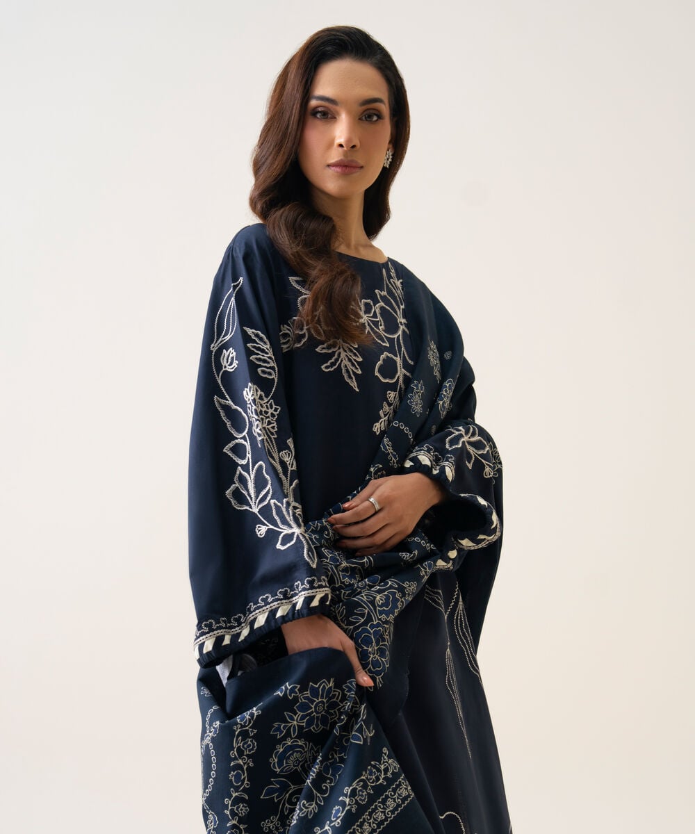 Women's Unstitched Textured Cotton Embroidered Dark Blue 3 Piece Suit