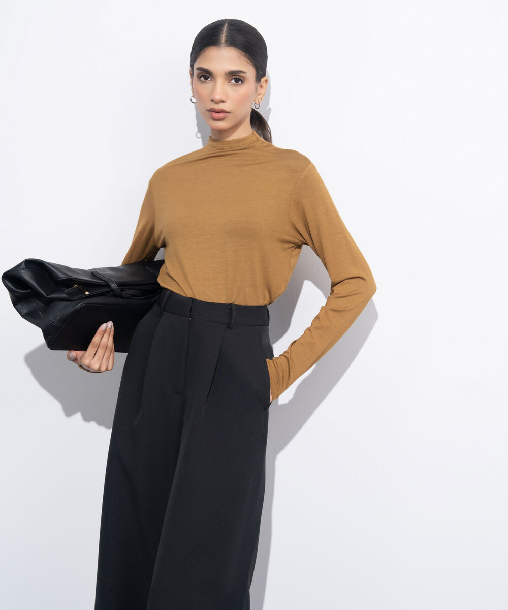 Women's Western Wear Mustard High Neck Fitted Top