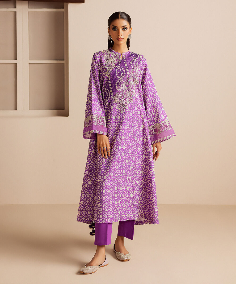 Women's Unstitched Dobby Embroidered Purple 3 Piece Suit