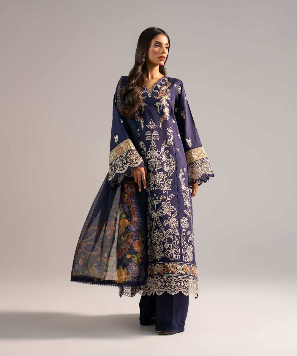 Women's RTW Lawn Embroidered Blue 3 Piece Suit