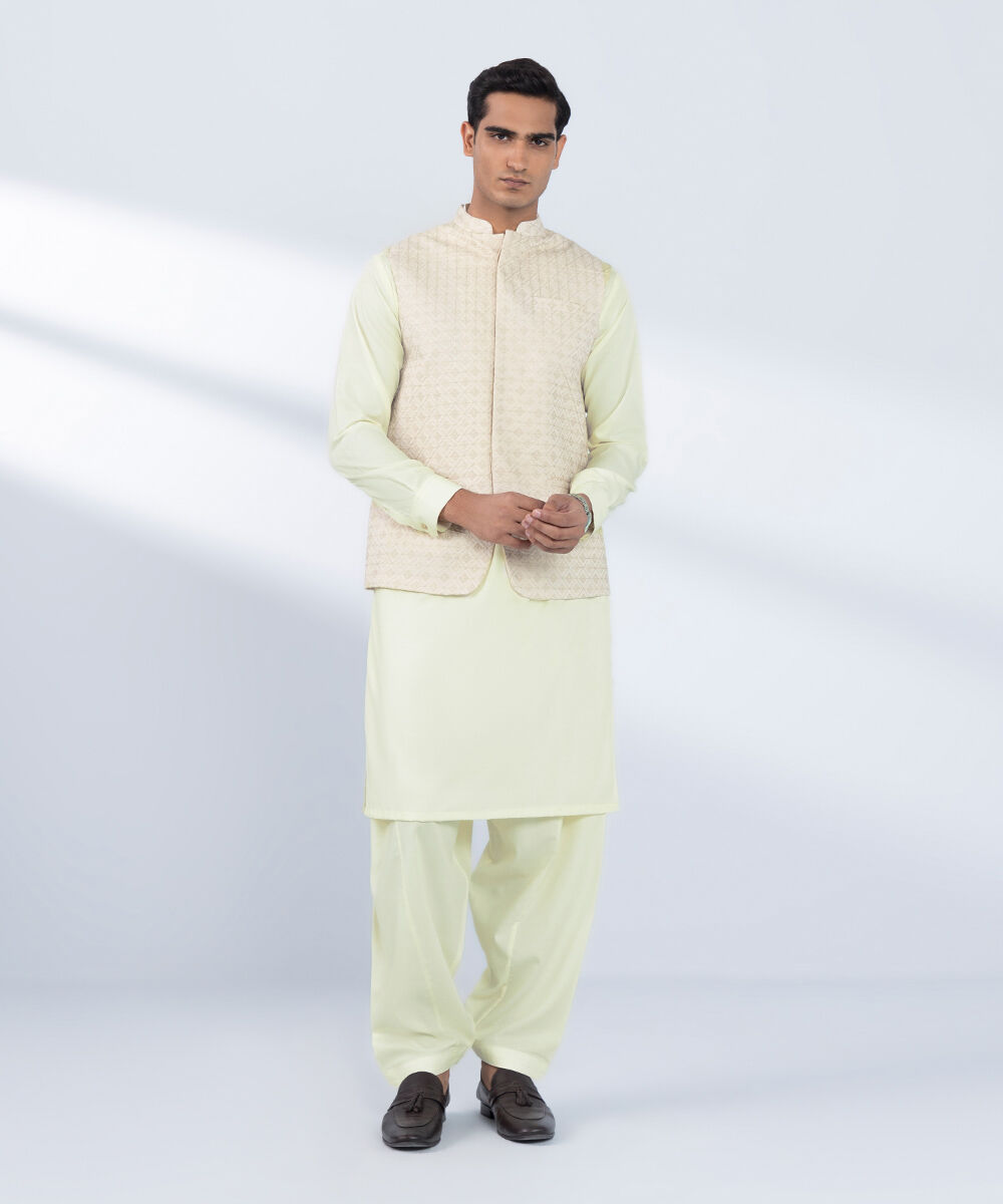 Men's Stitched Embroidered Off White Waistcoat