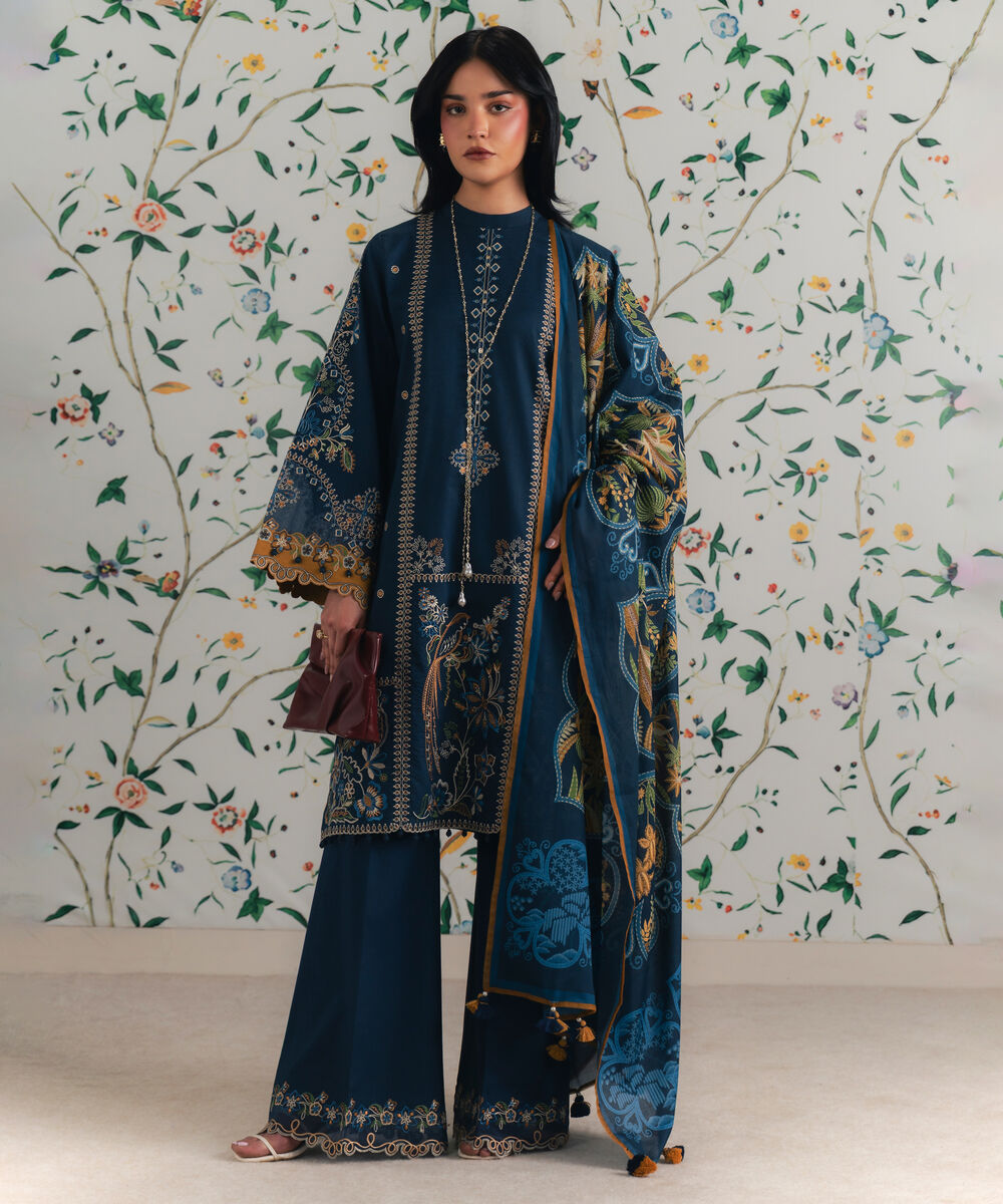 Women's Unstitched Dobby Embroidered Blue 3 Piece Suit