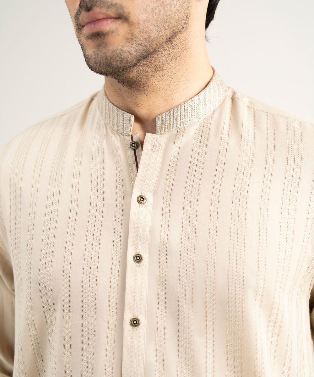 Men's Stitched Leno Jacquard Beige Kurta