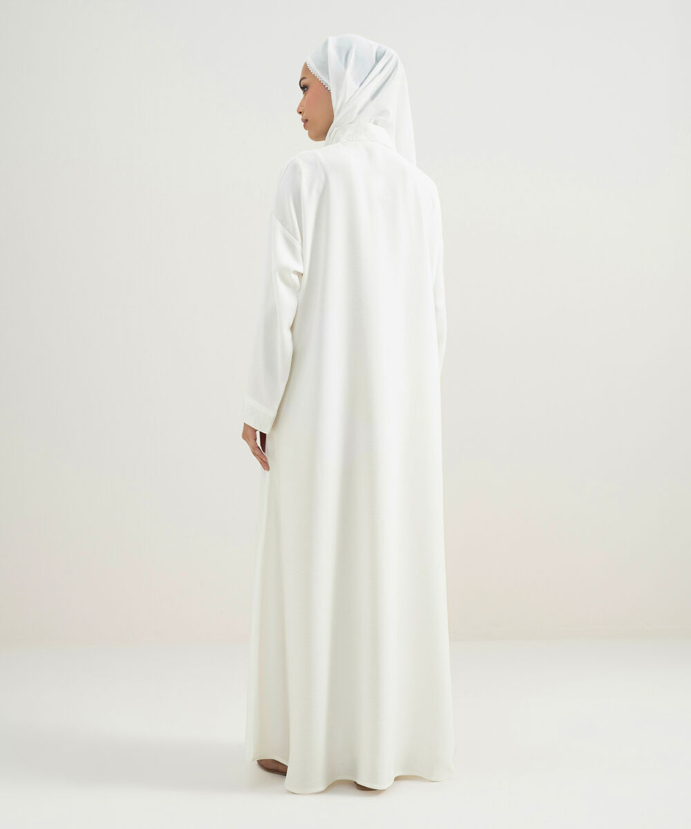 Women's White Embroidered Button- Through Abaya