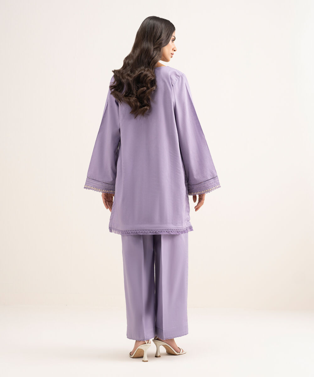 Women's RTW Self Jacquard Embroidered Purple Straight Shirt