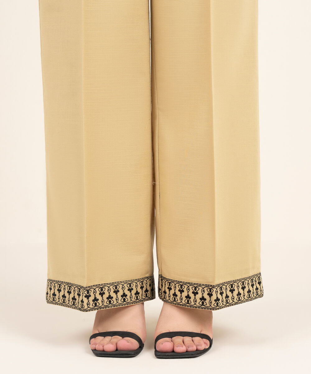Women's RTW Khaddar Embroidered Beige Culottes
