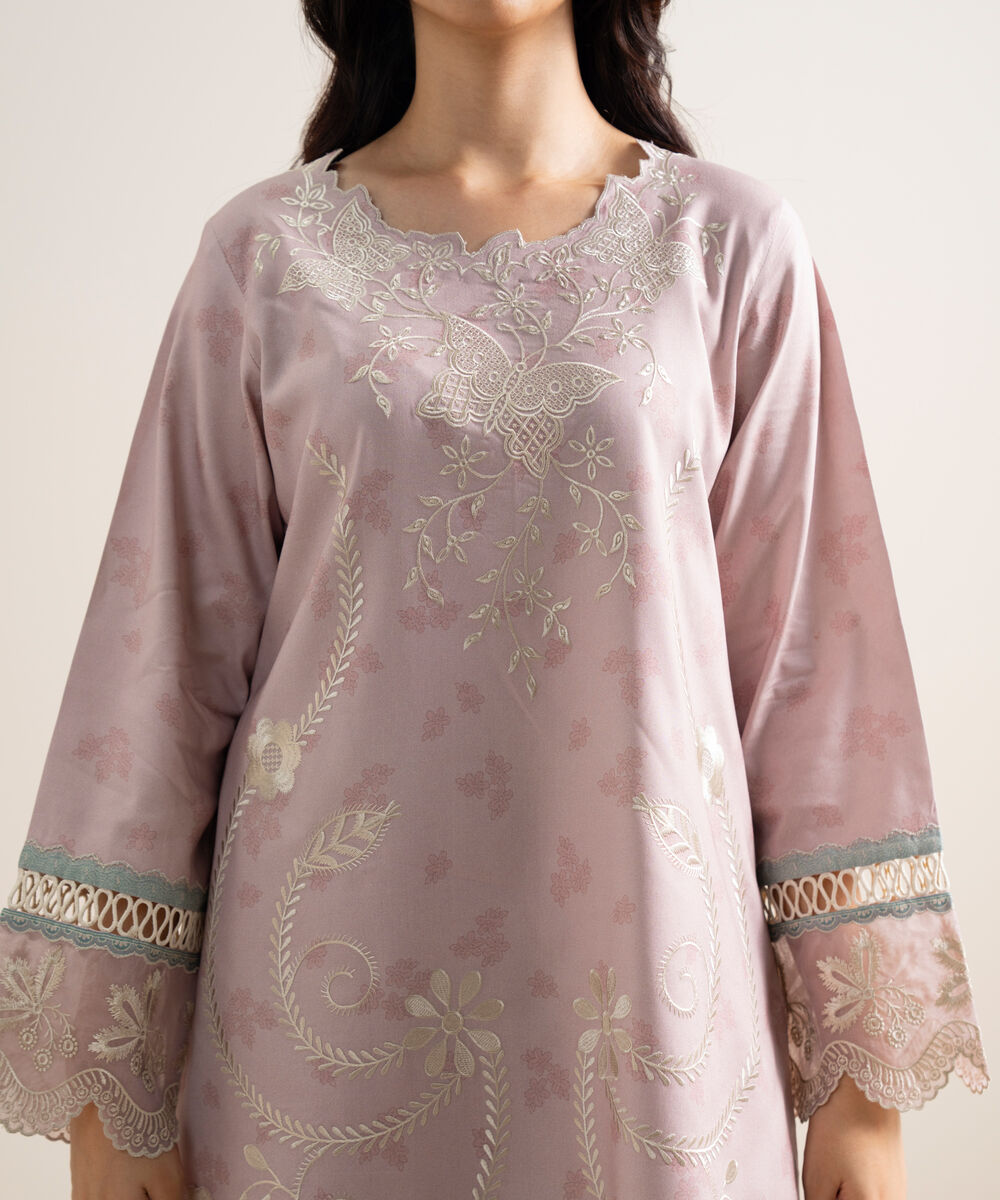 Women's Unstitched Embroidered Linen Light Lilac 3 Piece Suit