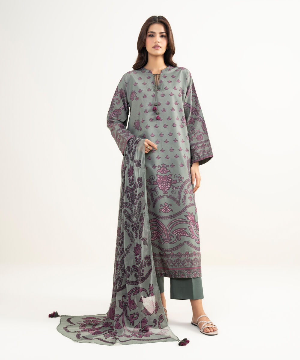 Women's Unstitched Zari Lawn Printed Grey 3 Piece Suit