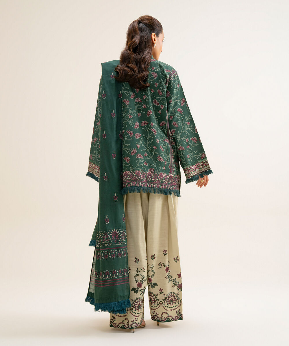 Women's Unstitched Cotton Embroidered Green 3 Piece Suit