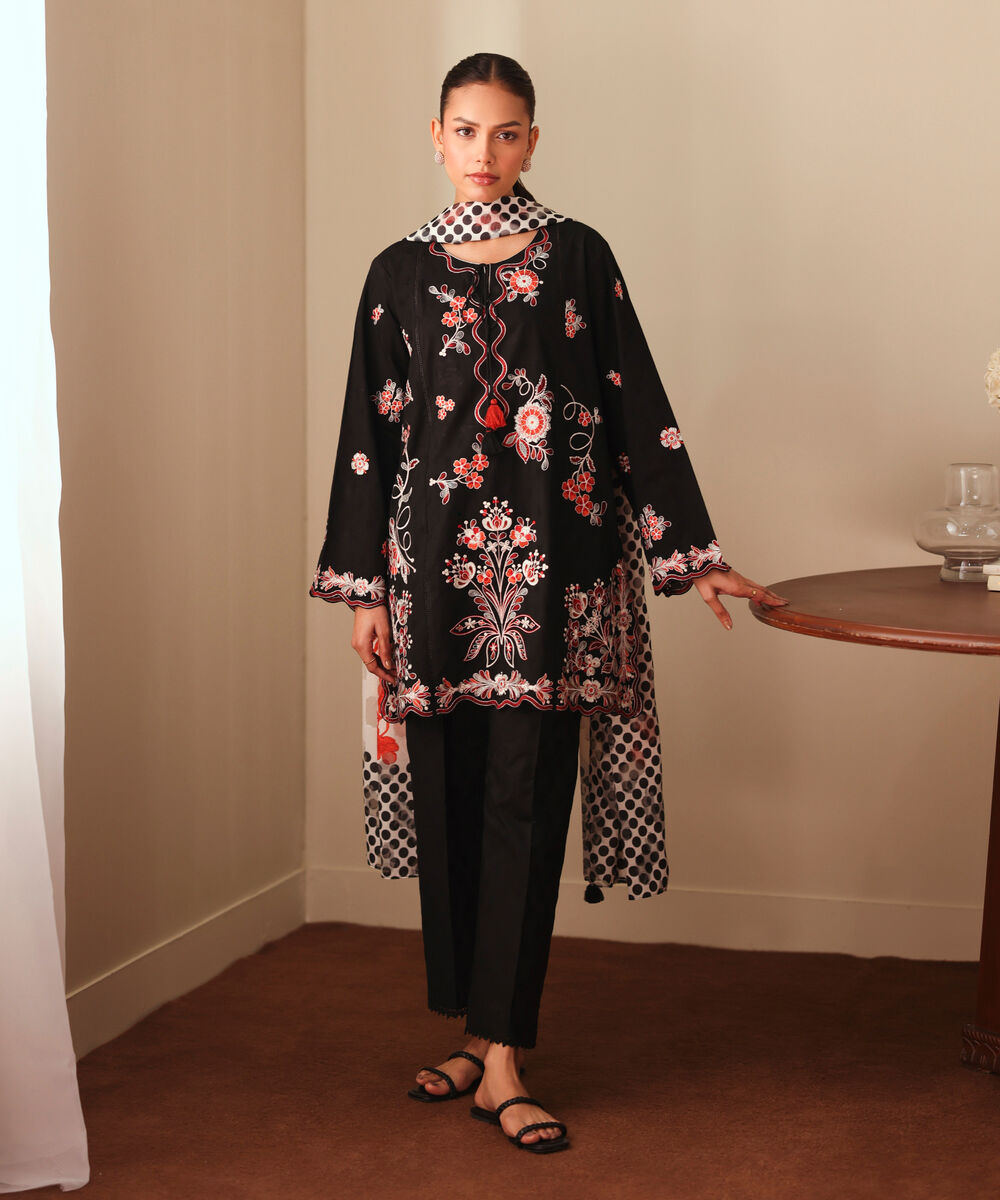 Women's RTW Self Jacquard Embroidered Black Straight Shirt