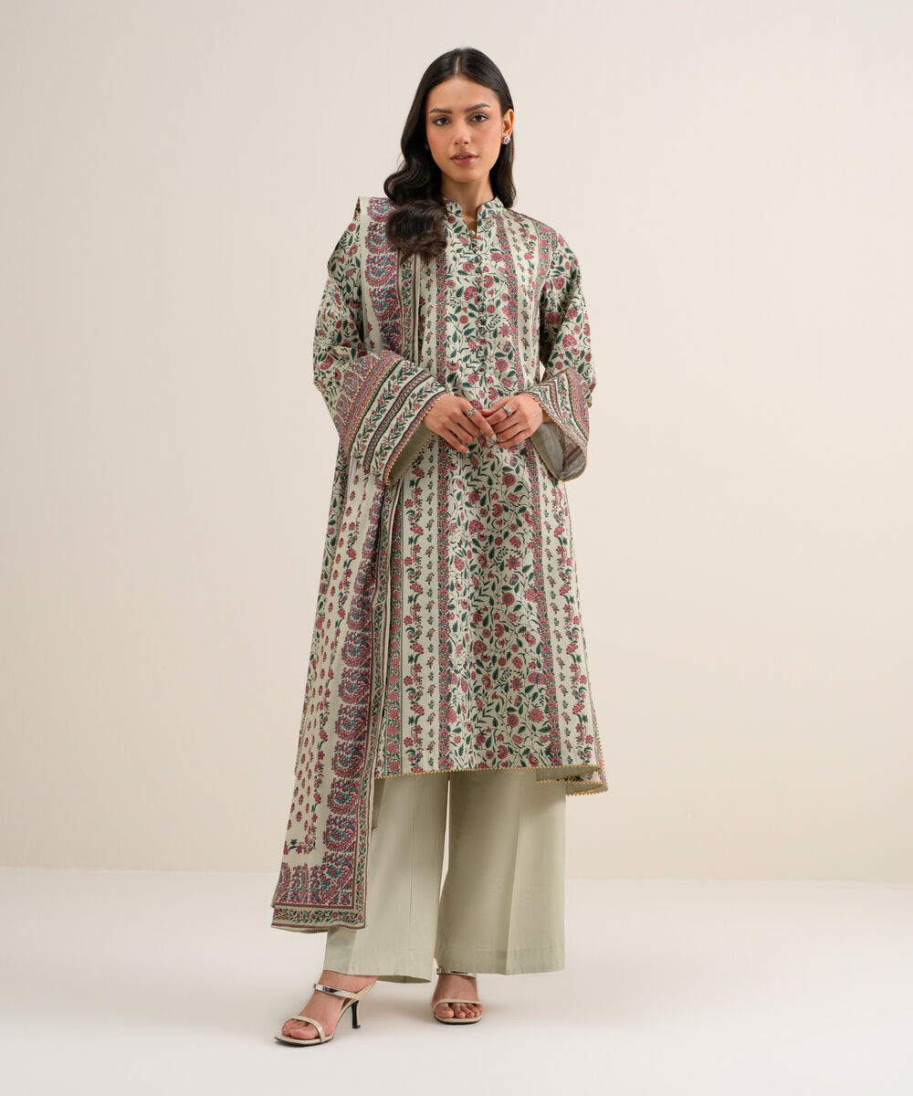 Women's Unstitched Printed Cotton Viscose Beige 3 Piece Suit