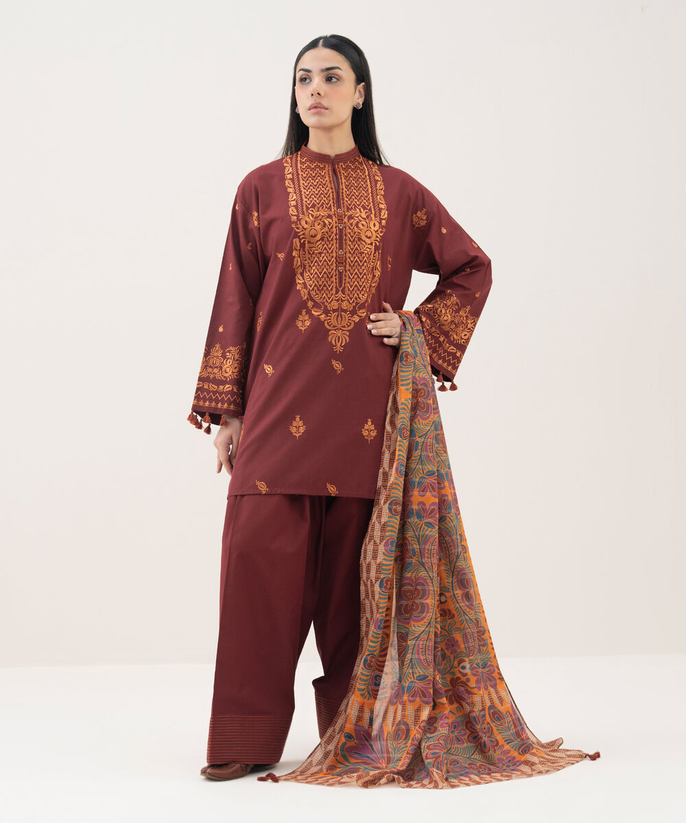 Women's Unstitched Cotton Viscose Embroidered Red 3 Piece Suit