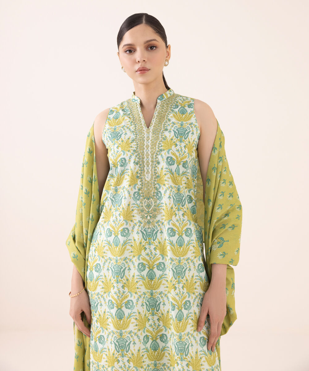 Women's Unstitched Cotton Embroidered Multi Three Piece Suit