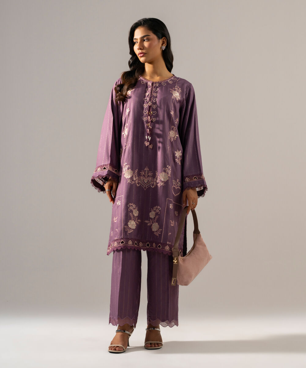 Women's RTW Dobby Crepe Lurix Solid Embroidered Purple Straight Shirt