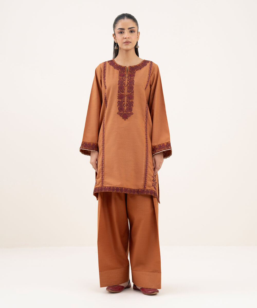 Women's RTW Cotton Embroidered Straight Orange Shirt